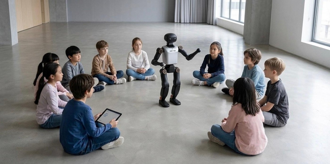 Students sit in a circle around a K1 humanoid robot during a lesson