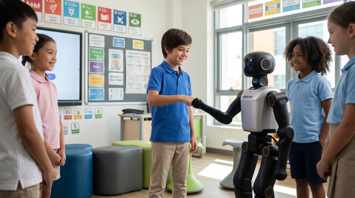 A student fist-bumps a Booster K1 humanoid robot in a bright classroom