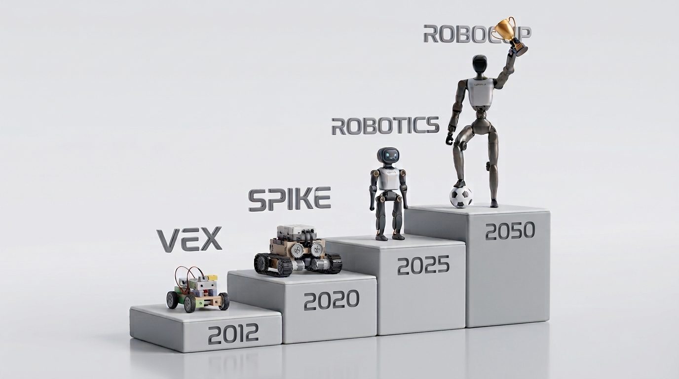 Steps rising from a VEX kit (2012) to a SPIKE kit (2020), a K1 humanoid (2025) and a humanoid holding a RoboCup trophy (2050)